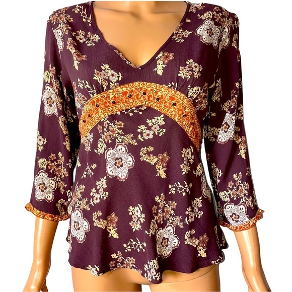 Quizz Bazaar top flowy floral boho burgundy top SZ L lace detailing blouse - Picture 3 of 11